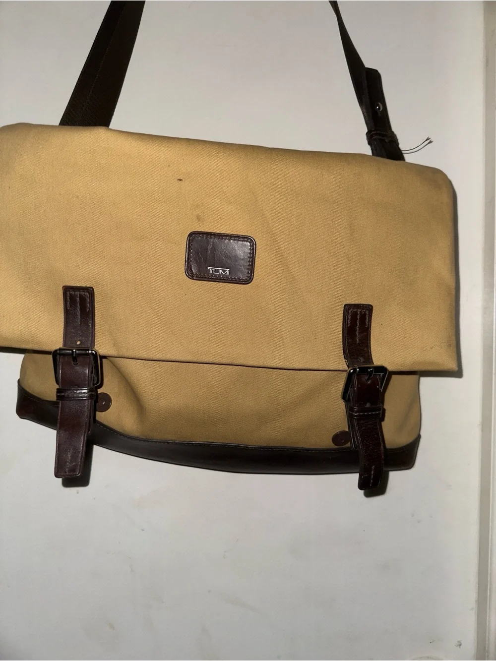 Tumi Tan Canvas Messenger Bag with Dark Brown Leather Trim